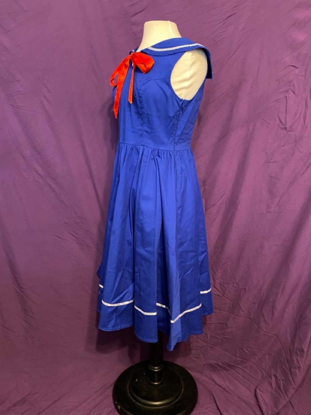 Blue Sailor-Style Fit & Flare Dress with Red Bow. Size 12. - Picture 2 of 7